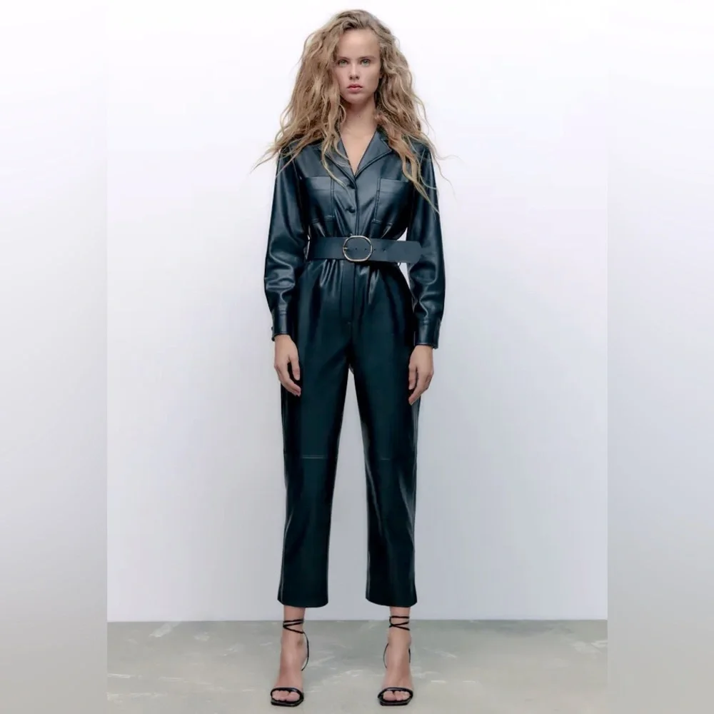 Zara FAUX LEATHER JUMPSUIT V-neck Long Sleeves Front & Back Patch Pockets NEW - Picture 3 of 10